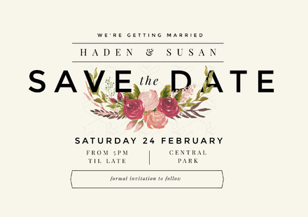 Black Background Save the Date / Wedding Invitation with graphic elements -  A5 Landscape Document Template - Easil