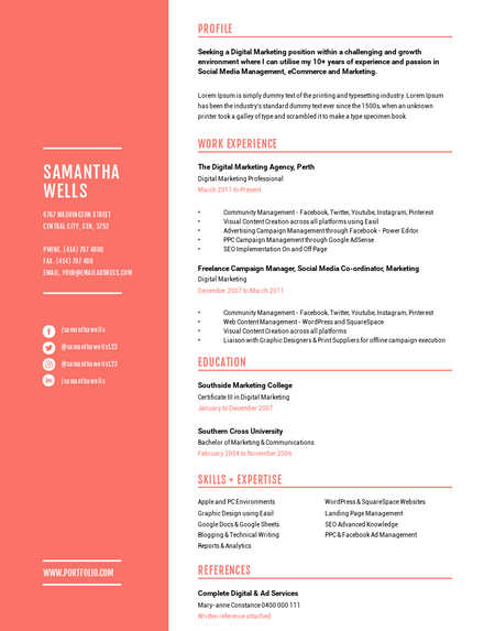 Coral & White Resume Template with side bar highlight - Letter Document ...